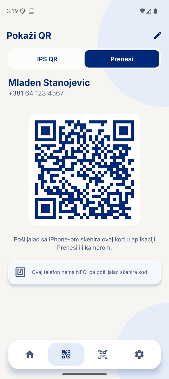 Prikaz QR koda i NFC prijem